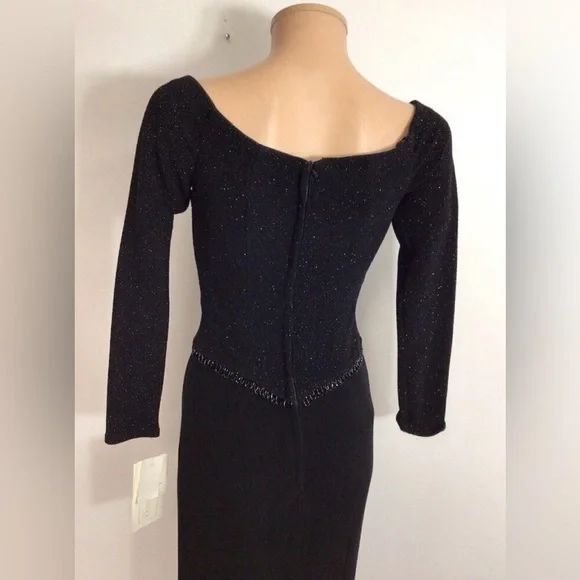 Scott McClintock Black Evening Dress Gown Petite 8 NWT Glitter Long Sleeve